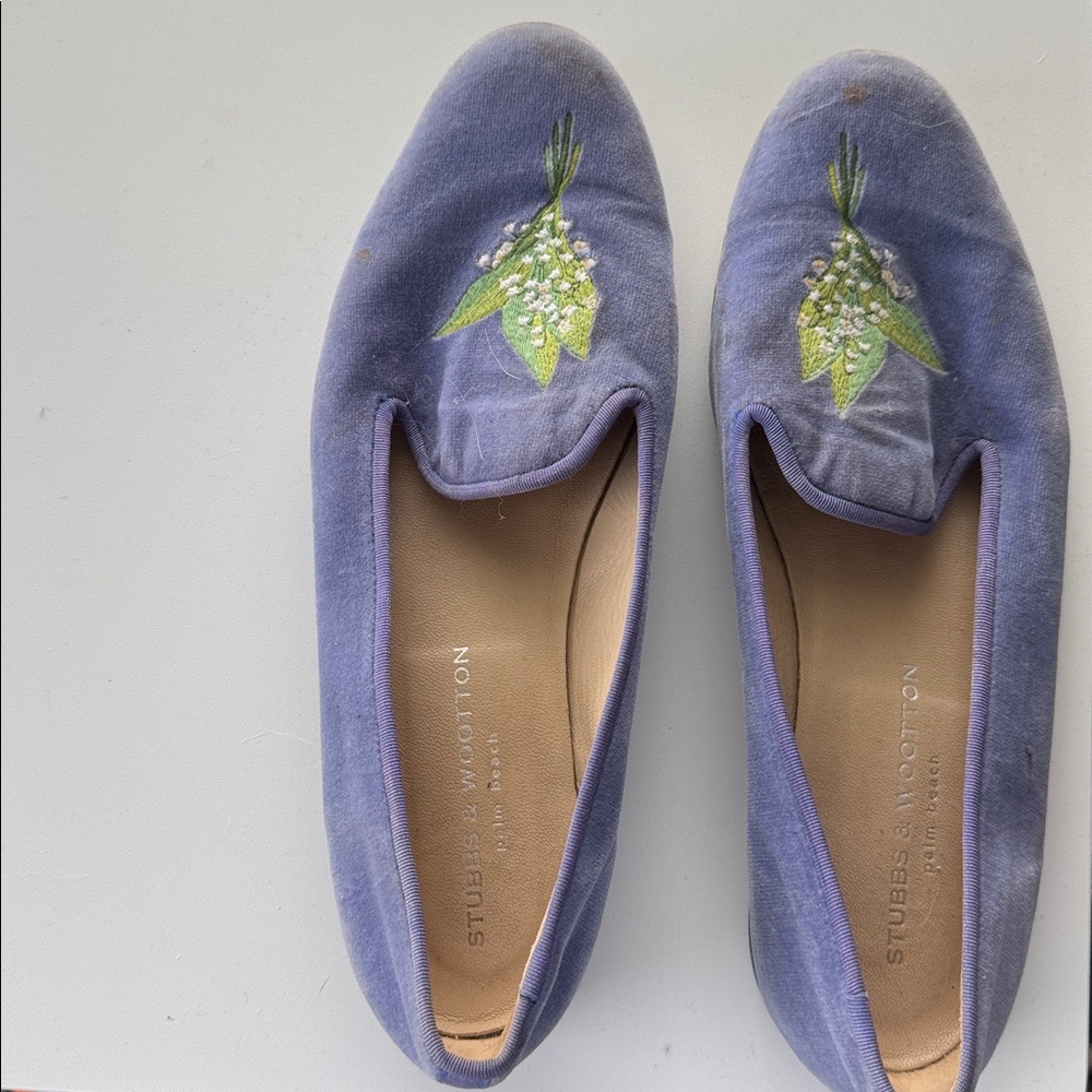 Stubbs & Wootton Lavender Flats with Embroidered “Lily of the Valley” Size 11